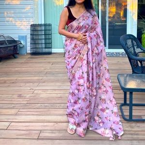 Organza pink designer floral Saree